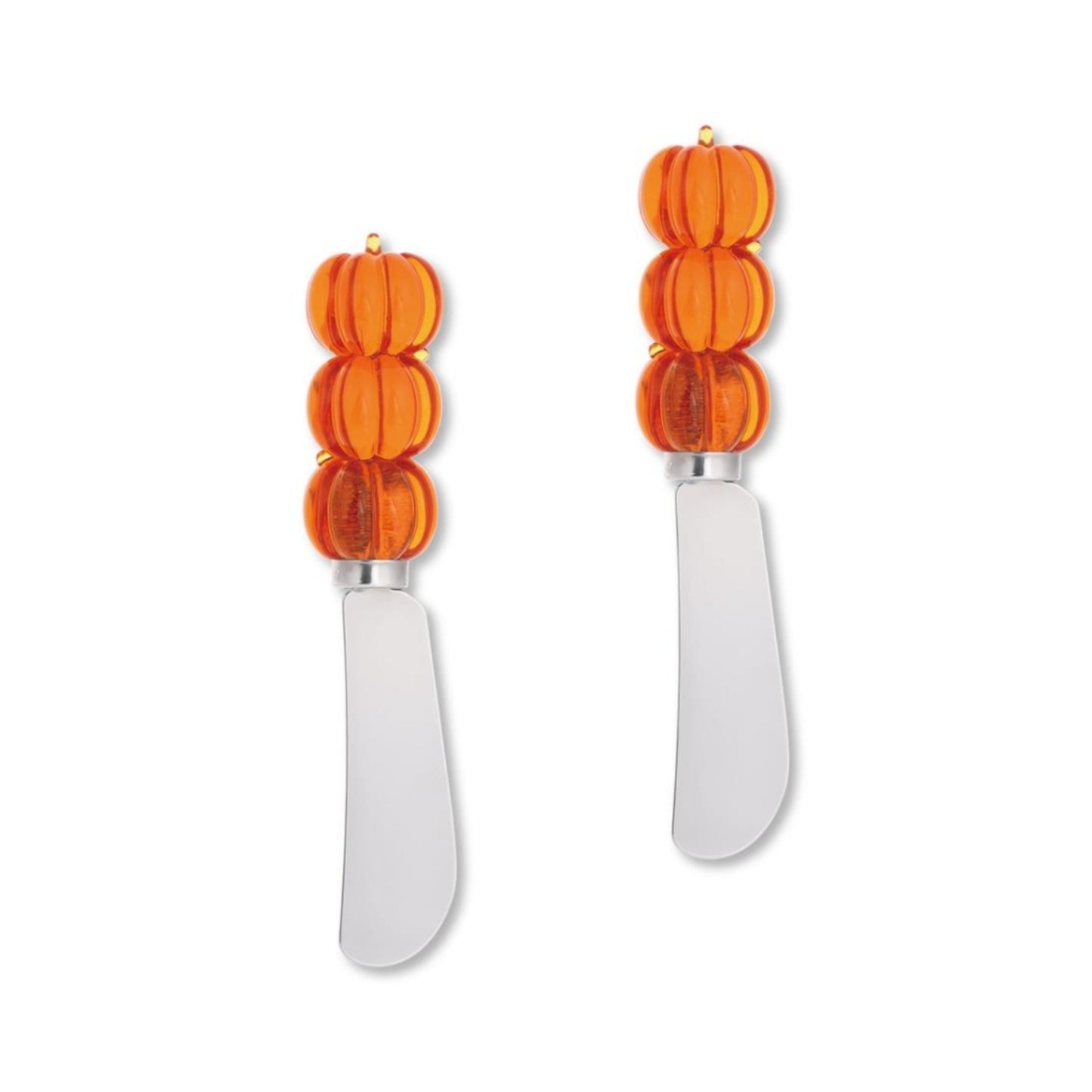 Two cheese knives with orange pumpkin-shaped handles on a white background