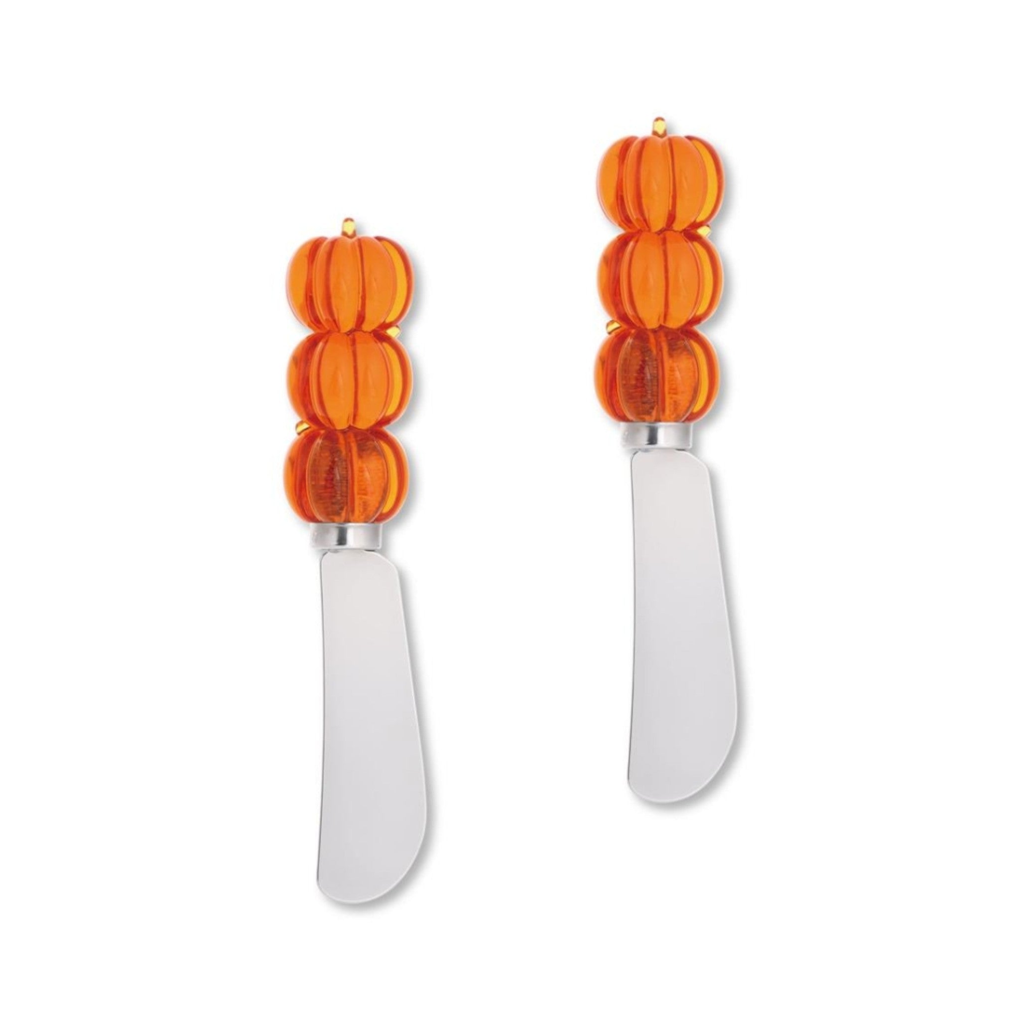 Two cheese knives with orange pumpkin-shaped handles on a white background