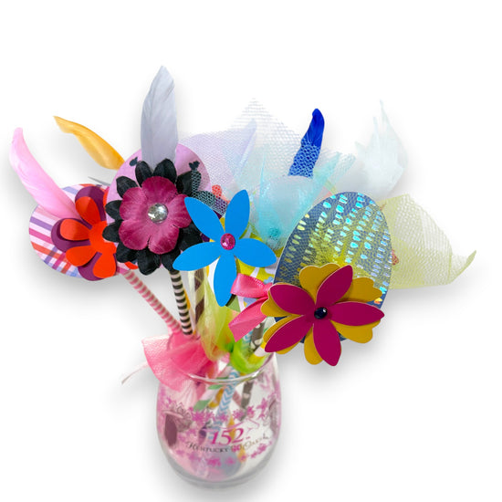 colorful drink stirrers topped with handmade miniature Kentucky Derby hats, 