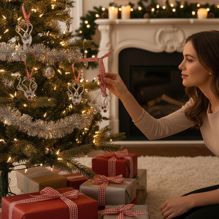 The upcycled fork reindeer ornament hanging beautifully on a lit Christmas tree.