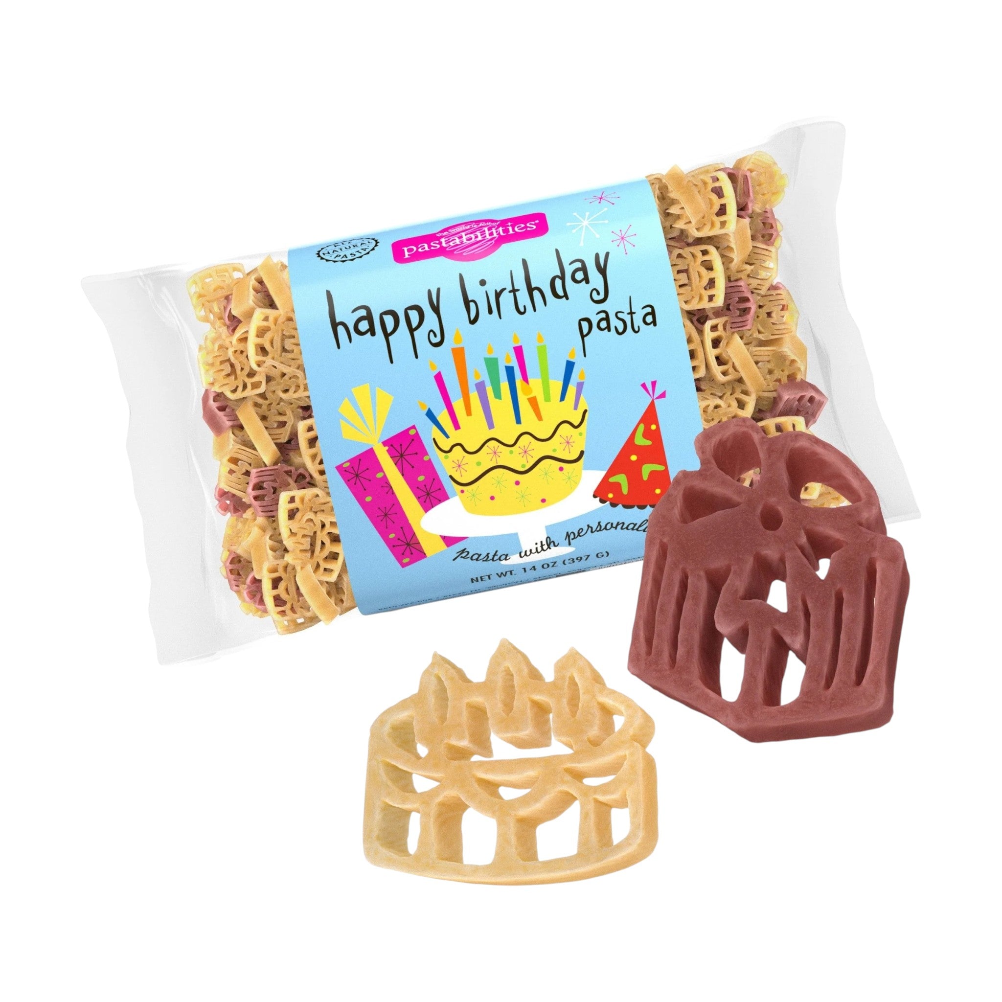 The "Happy Birthday Pasta" bag featuring festive cake and balloon shapes.