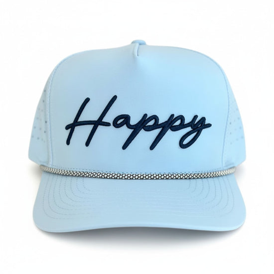Front view of the baby blue rope hat showing the "happy" embroidery.