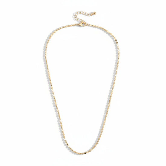  Full view of the Harper Mini Disc Charm Necklace Base in shiny gold, showing the shimmering disc links and adjustable chain on a white background.