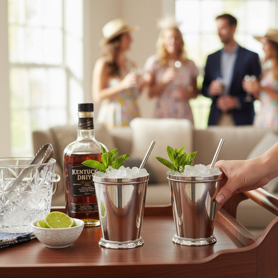 A lifestyle image showing a pair of the silver-plated julep cups on a wooden bar cart next to a bottle of Kentucky bourbon.