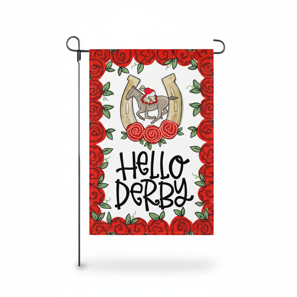 The Kentucky Derby "Hello Derby" garden flag, showcasing its vibrant colors and rose border.