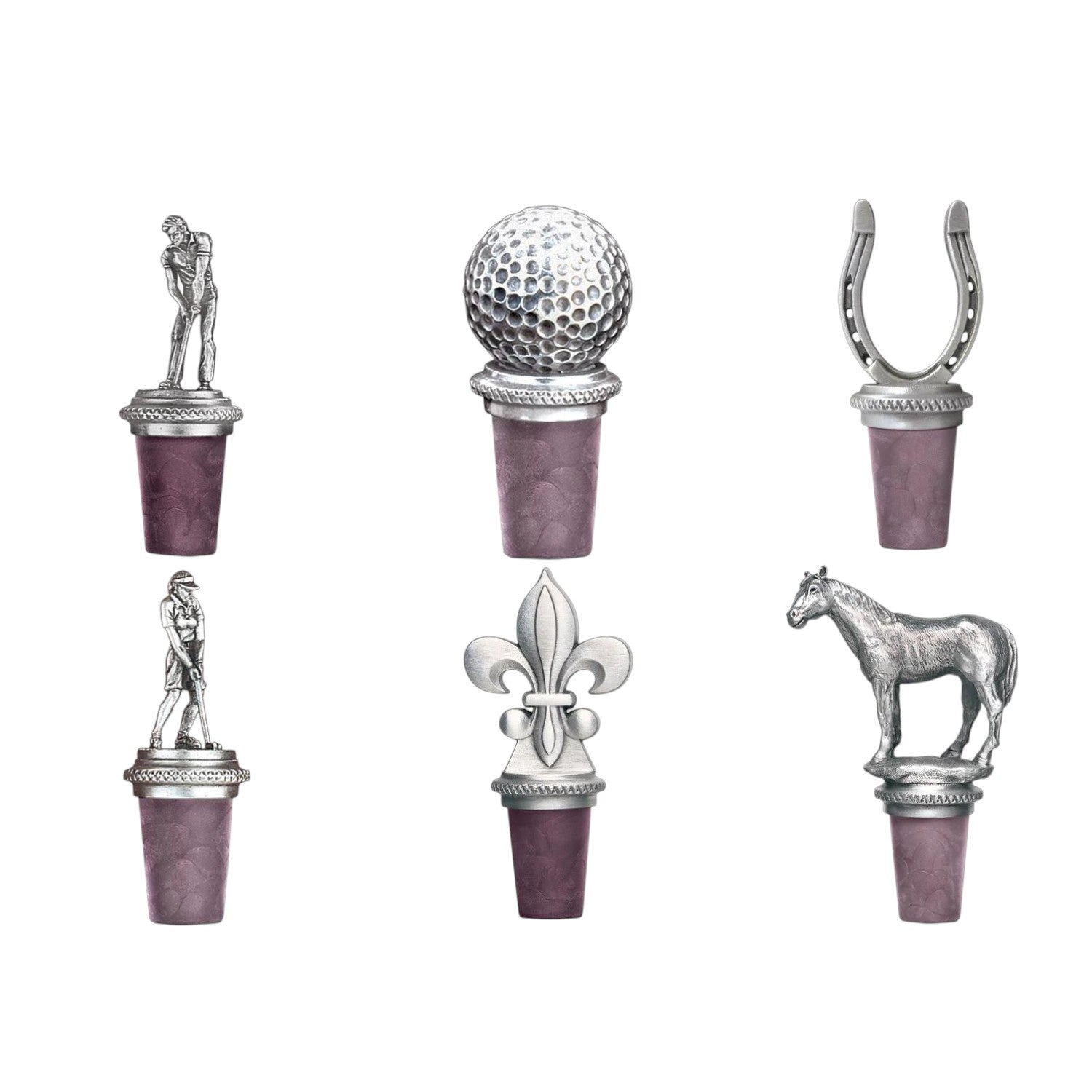 Heritage Pewter Bottle Stopper – Six Designs: Horseshoe, Horse, Golf Ball, Female Golfer, Male Golfer & Fleur-de-Lis - A Taste of Kentucky