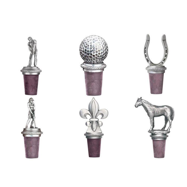 Heritage Pewter Bottle Stopper – Six Designs: Horseshoe, Horse, Golf Ball, Female Golfer, Male Golfer & Fleur-de-Lis - A Taste of Kentucky