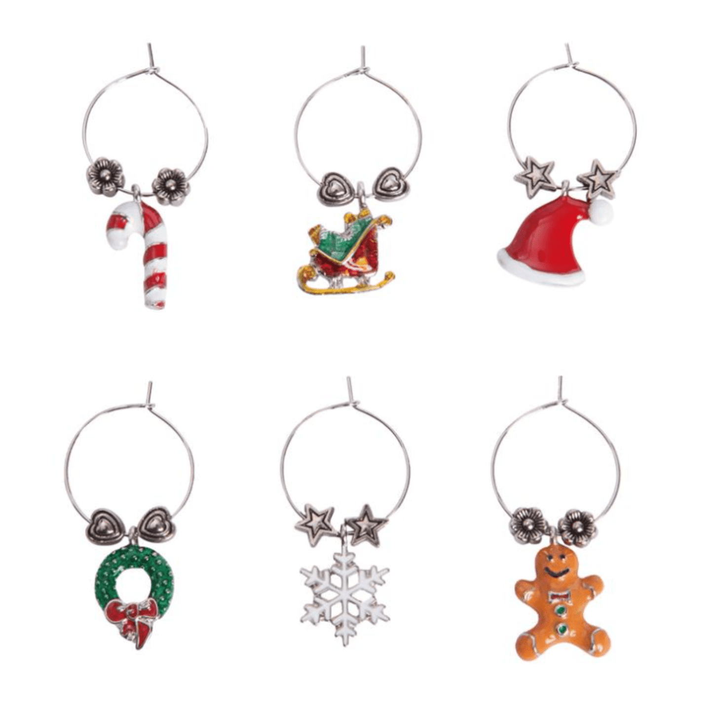 Set of six Christmas-themed wine glass charms on a white background