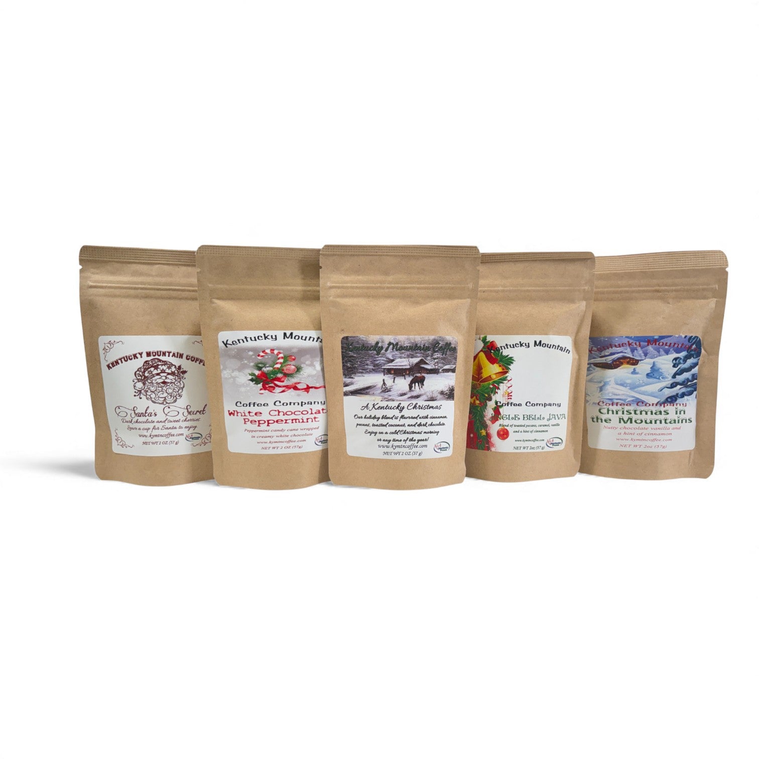 A clean shot showing all five Holiday Coffee Blend variants in a row.