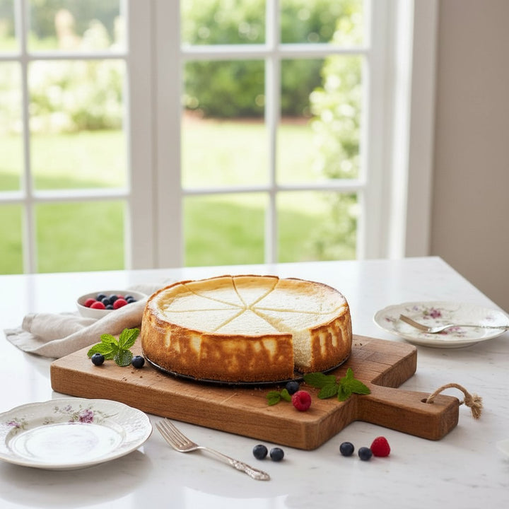 A lifestyle photo of a slice of creamy cheesecake being served onto a plate with fresh berries.
