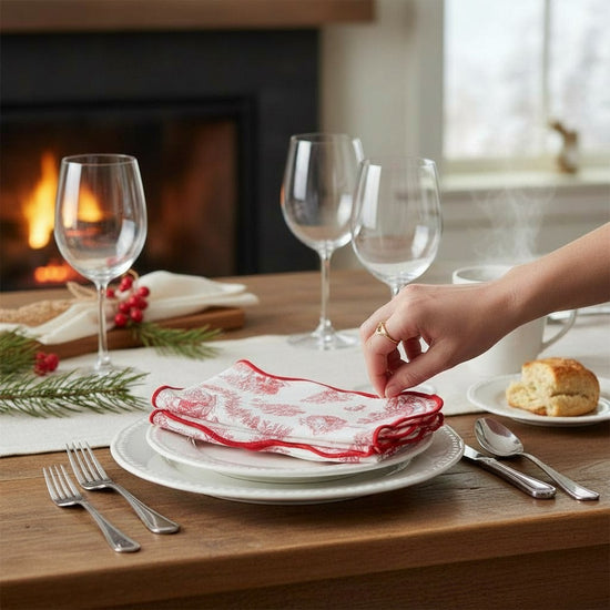 An elegant holiday table setting featuring the red and white toile napkins.