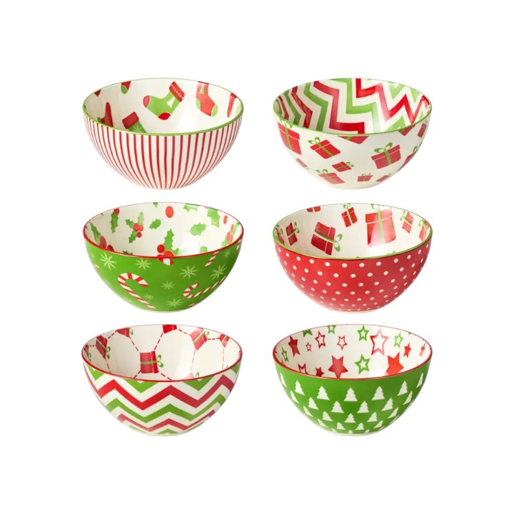 Set of six Christmas-themed ceramic bowls with various patterns on a white background