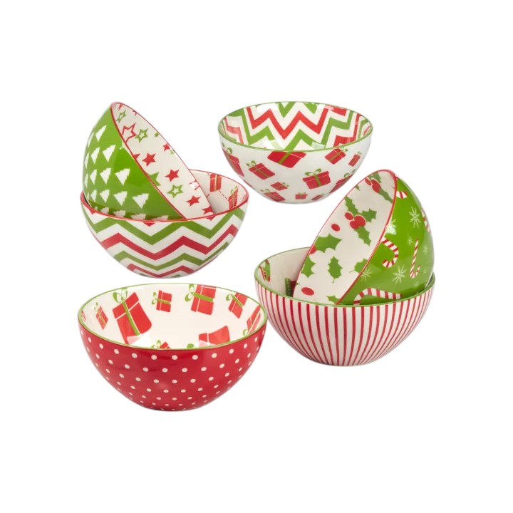 Set of colorful patterned bowls on a white background