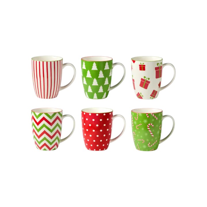 Set of six patterned mugs on a white background