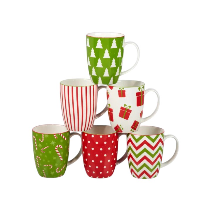 Set of six Christmas-themed mugs stacked on a white background