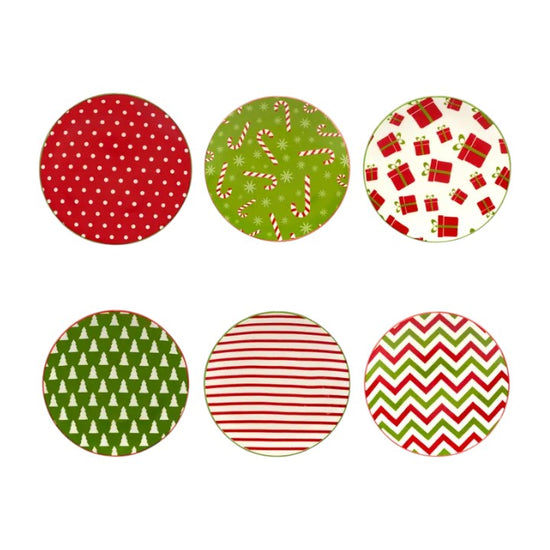 Set of six circular Christmas-themed canape plates with different patterns on a white background.