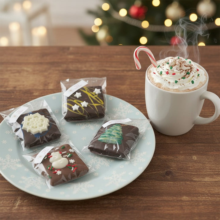 A single decorated chocolate graham cracker on a plate next to a mug of hot cocoa.