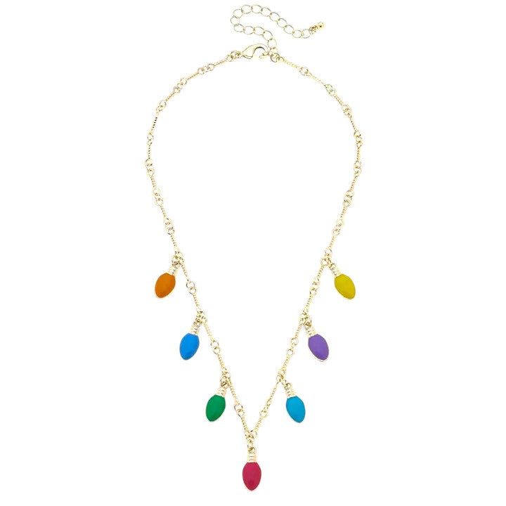The gold-tone necklace with colorful dangling enamel light bulb charms.