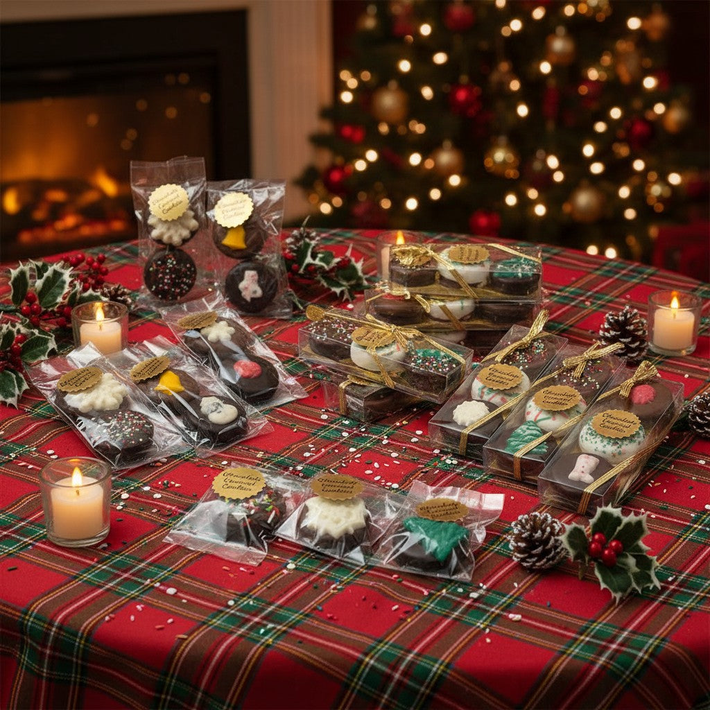 An assortment of Chocolate Covered Christmas Oreos in clear packaging on a festive tablecloth with Christmas decorations and a fireplace in the background.