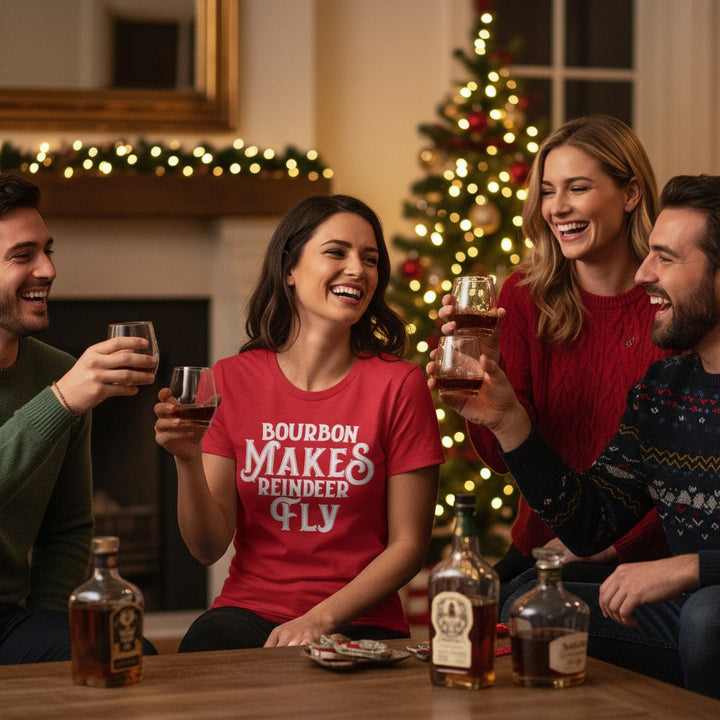 Friends wearing Bourbon Makes Reindeer Fly shirts, celebrating at a festive holiday party.