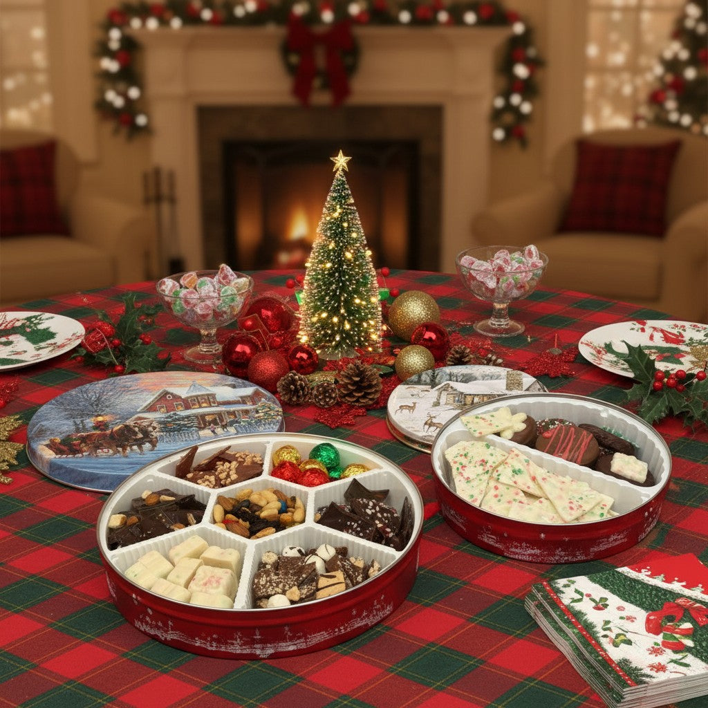 A lifestyle shot of the large Christmas tin open on a table during a holiday gathering.
