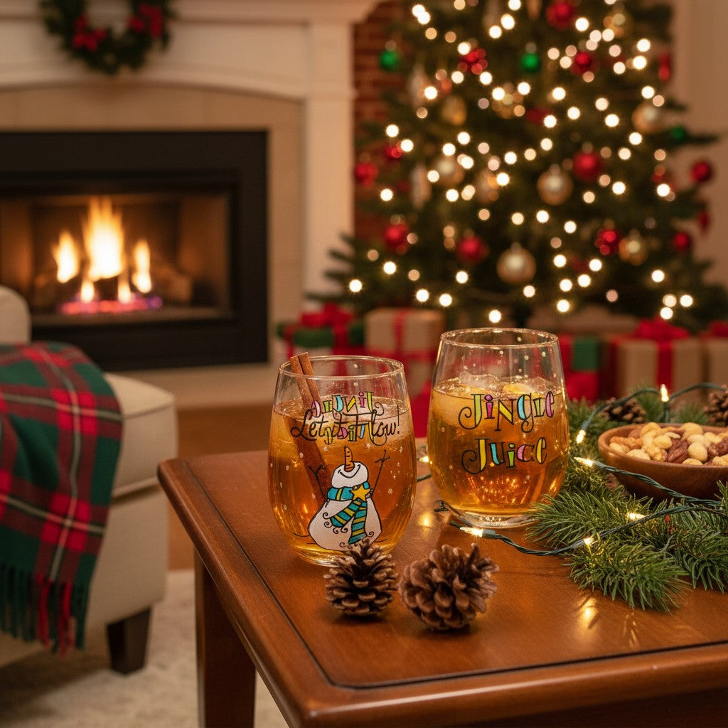 Two glasses of 'Jingle Juice' on a table with a Christmas tree and fireplace in the background.