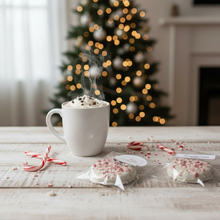 A single Peppermint Crunch Cookie on a festive plate next to a mug of hot cocoa.