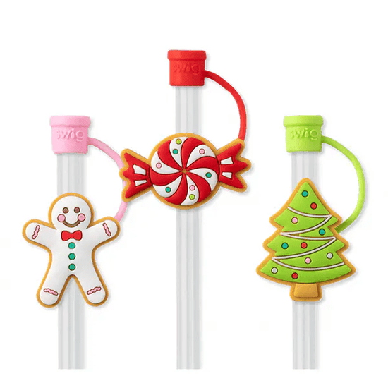 Swig set of three Cookie Jar themed straw toppers, including a gingerbread man, a peppermint candy, and a Christmas tree.