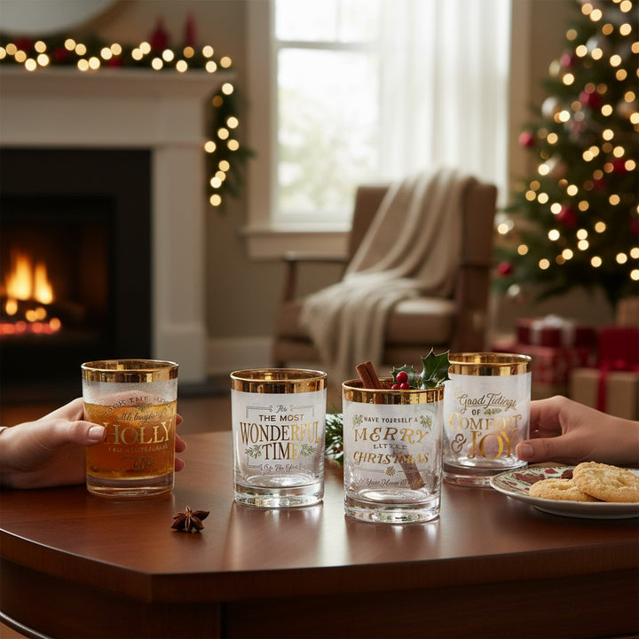 A festive holiday table set with the elegant Christmas gold rim glasses.