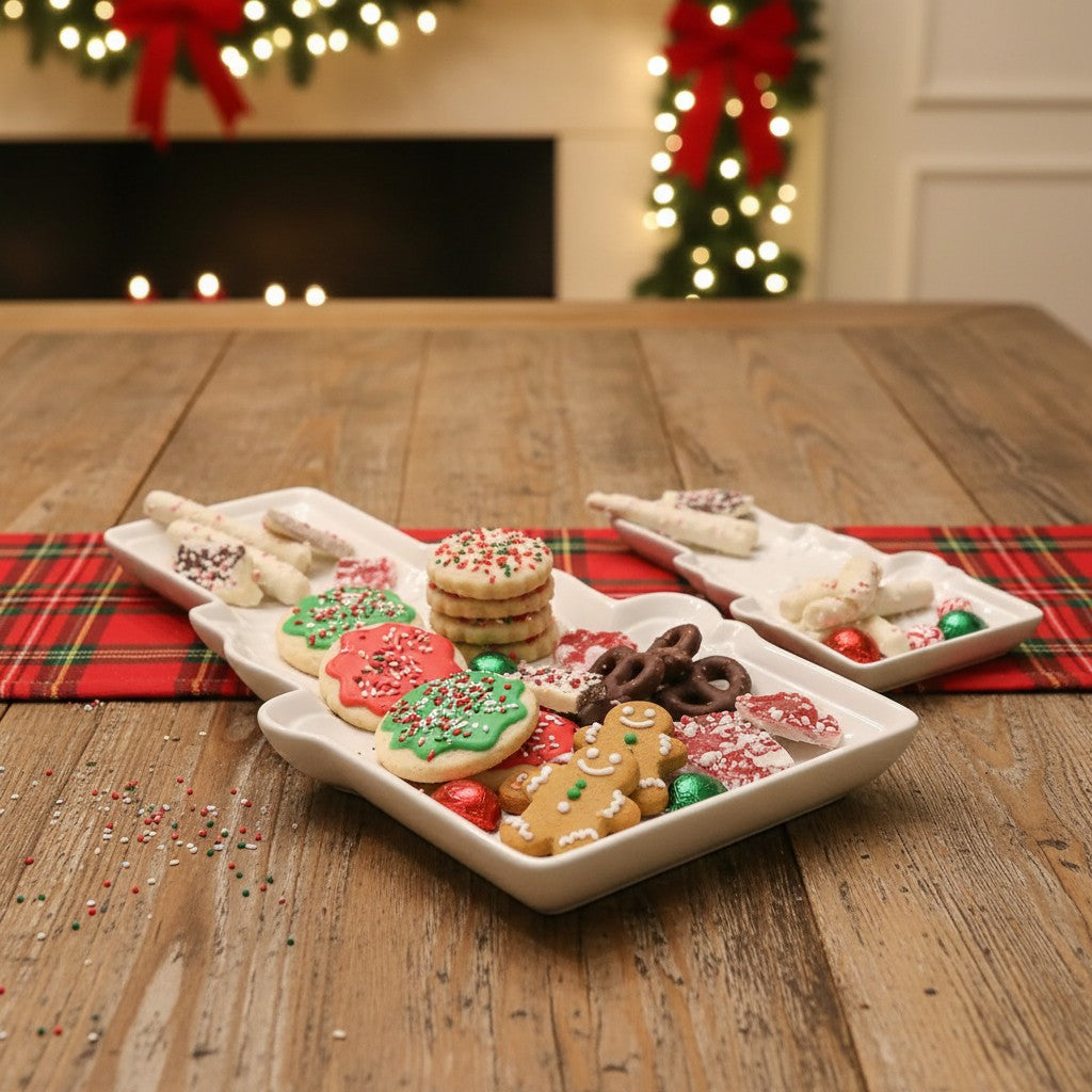 A holiday table styled with the Nutcracker dishes, filled with festive treats.