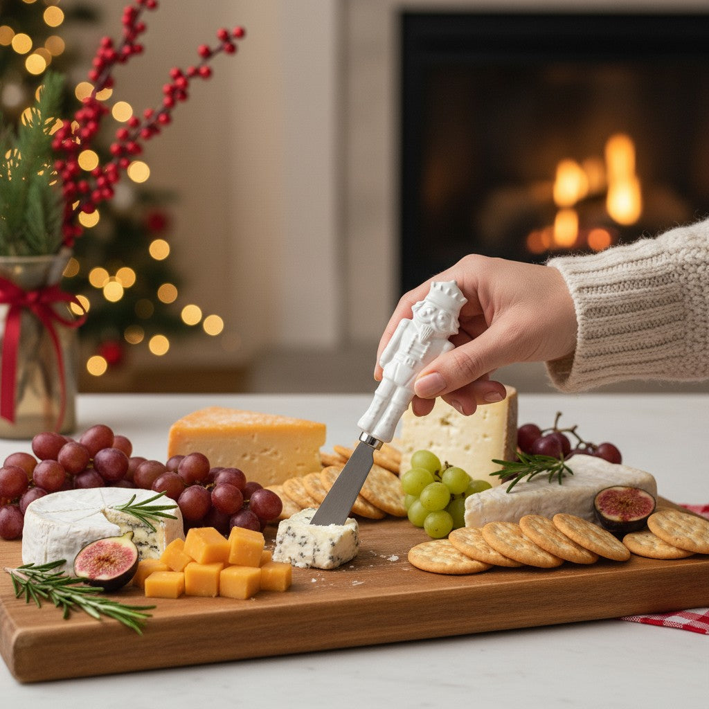 A holiday table setting with the white nutcracker spreader next to a block of cheese.