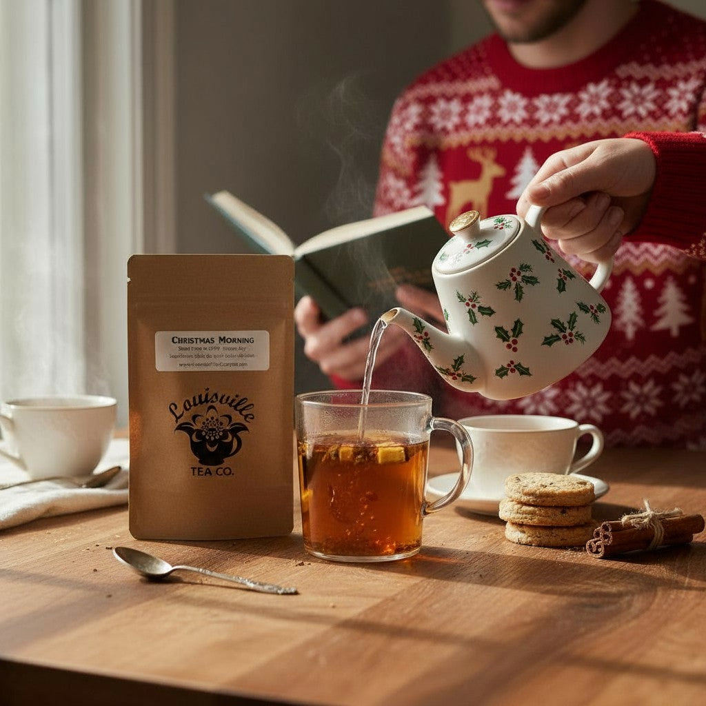 A steaming mug of festive holiday tea on a cozy table with seasonal decorations.