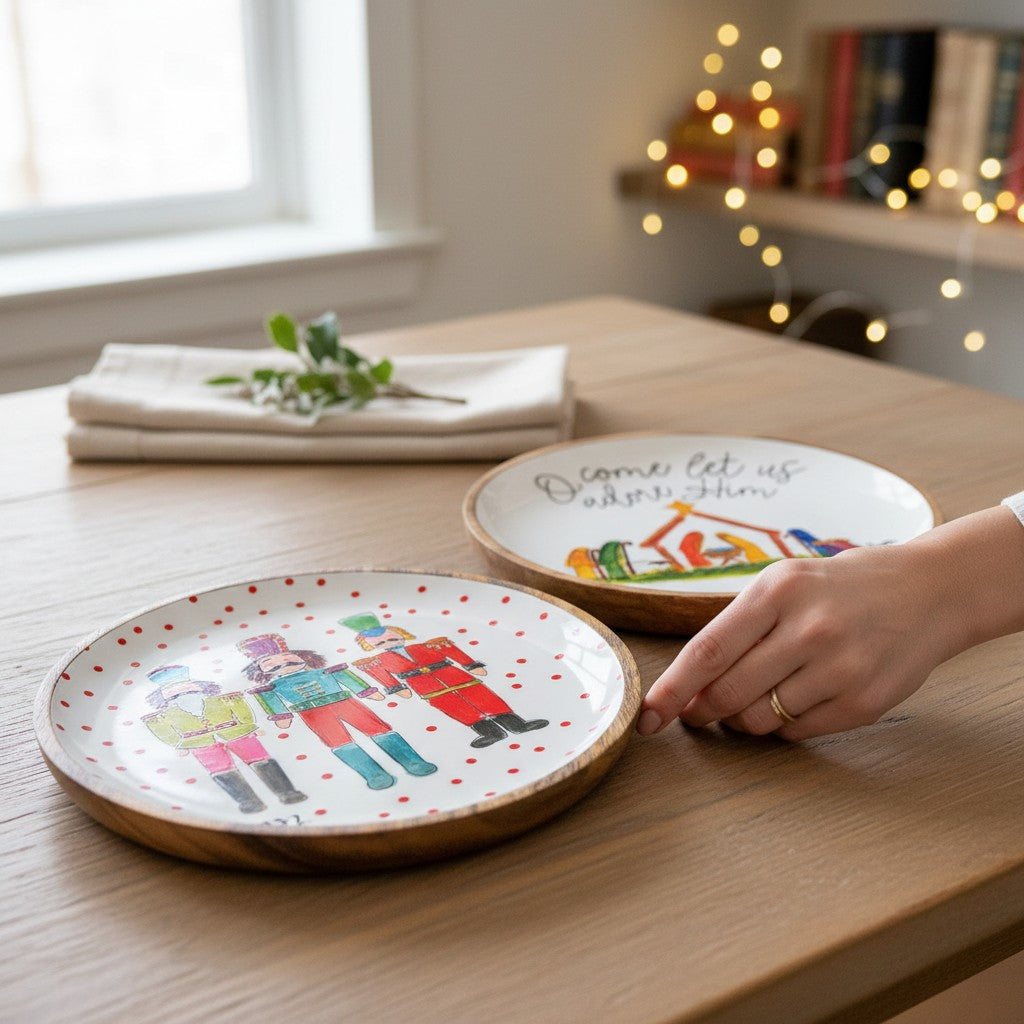 Two decorative plates with colorful designs on a wooden table.
