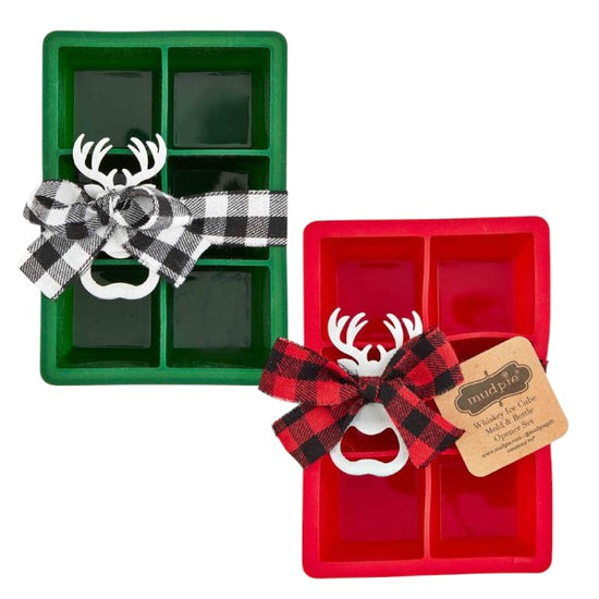 A festive set featuring a silicone ice cube mold and antler bottle opener tied with a plaid bow.