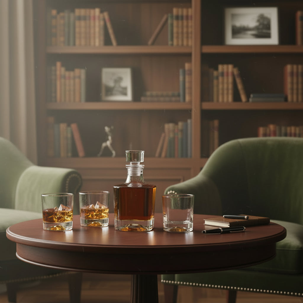 The whiskey decanter set displayed in a sophisticated study, adding a touch of elegance to the home decor.