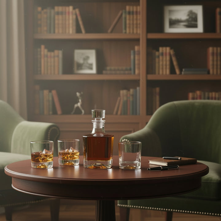 The whiskey decanter set displayed in a sophisticated study, adding a touch of elegance to the home decor.