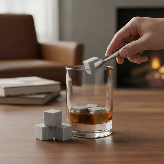 A lowball glass of whiskey with several soapstone cubes chilling the spirit.