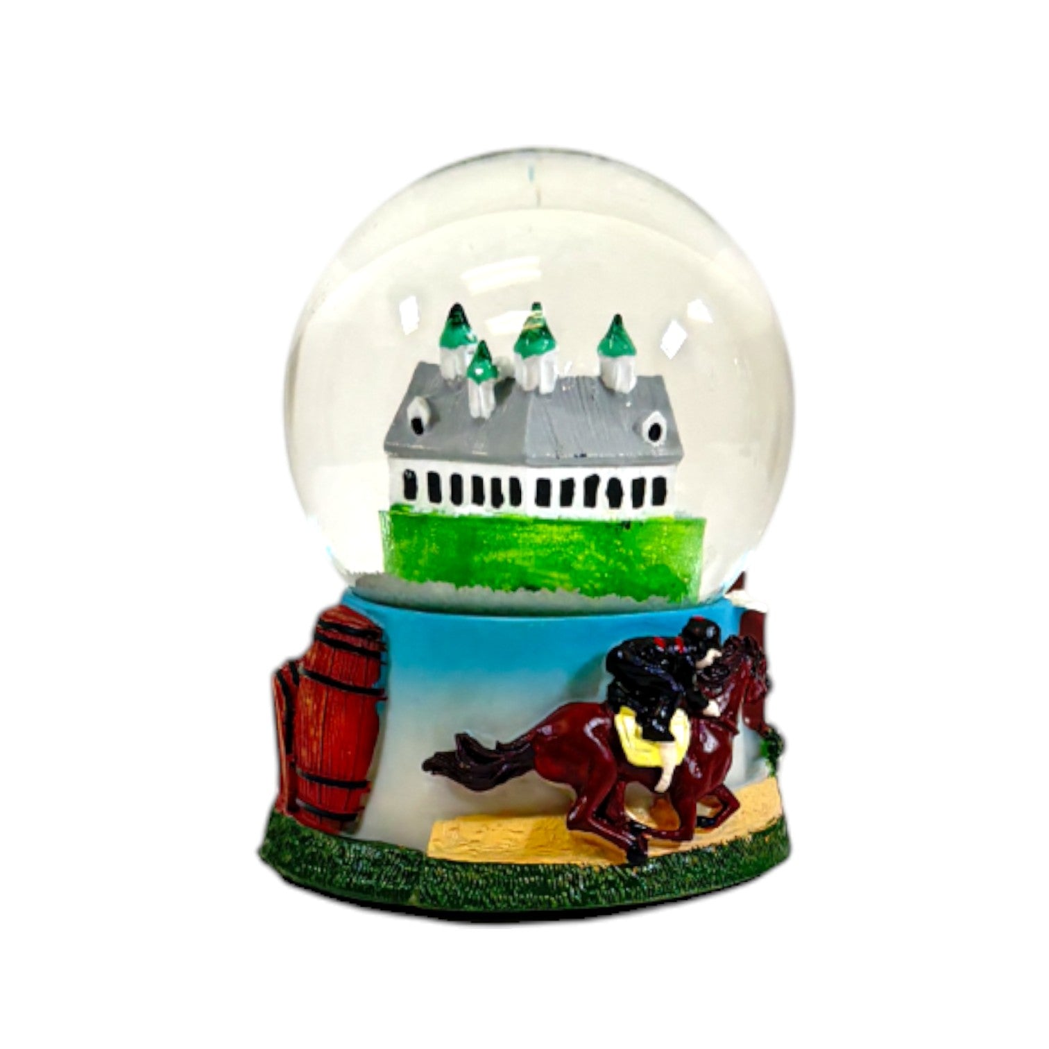 Snow globe with horse racing scene inside a transparent sphere