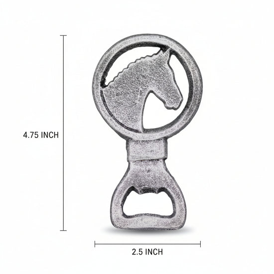 Bottle opener with horse design and measurements on a white background