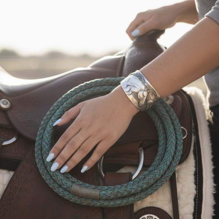 Close-up of the silver horse cuff bracelet worn on a wrist resting on a dark brown leather western saddle with a coiled teal rope, outdoors at golden hour.