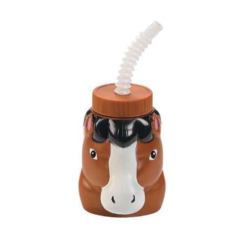 Sippy cup with horse design and straw on a white background