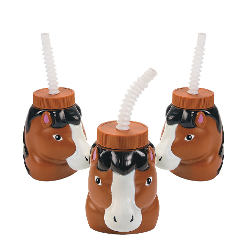 Three horse-shaped drink containers with straws on a white background