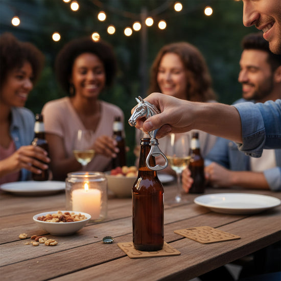 Person opening a beer bottle with a horse-shaped bottle opener at a outdoor gathering.