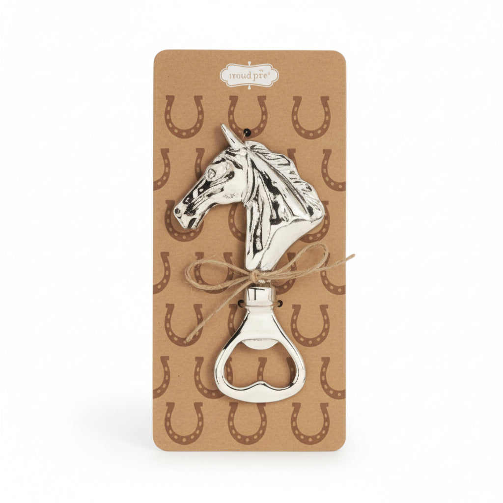 Horse-shaped bottle opener on a cardboard backing with horse shoe pattern