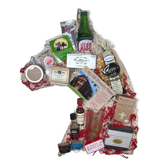 Horse Head Gift Basket | Kentucky Derby Gift Basket with Bourbon Chocolates, Mint Julep Glass & More - A Taste of Kentucky