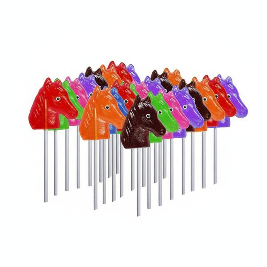 Colorful horse-shaped lollipops on sticks against a white background