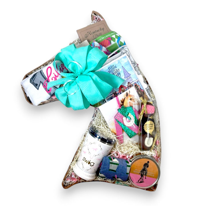The Southern Derby Charm Gift Basket displayed in a unique horse head-shaped basket with all included gifts.