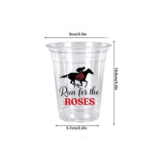 A clear product diagram showing the specific dimensions of the 12oz Run for the Roses plastic cup, measuring 4.3 inches tall and 3.5 inches wide at the rim.