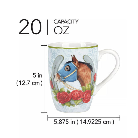 Certified International ceramic mugs featuring different vibrant paintings of racehorses and jockeys.
