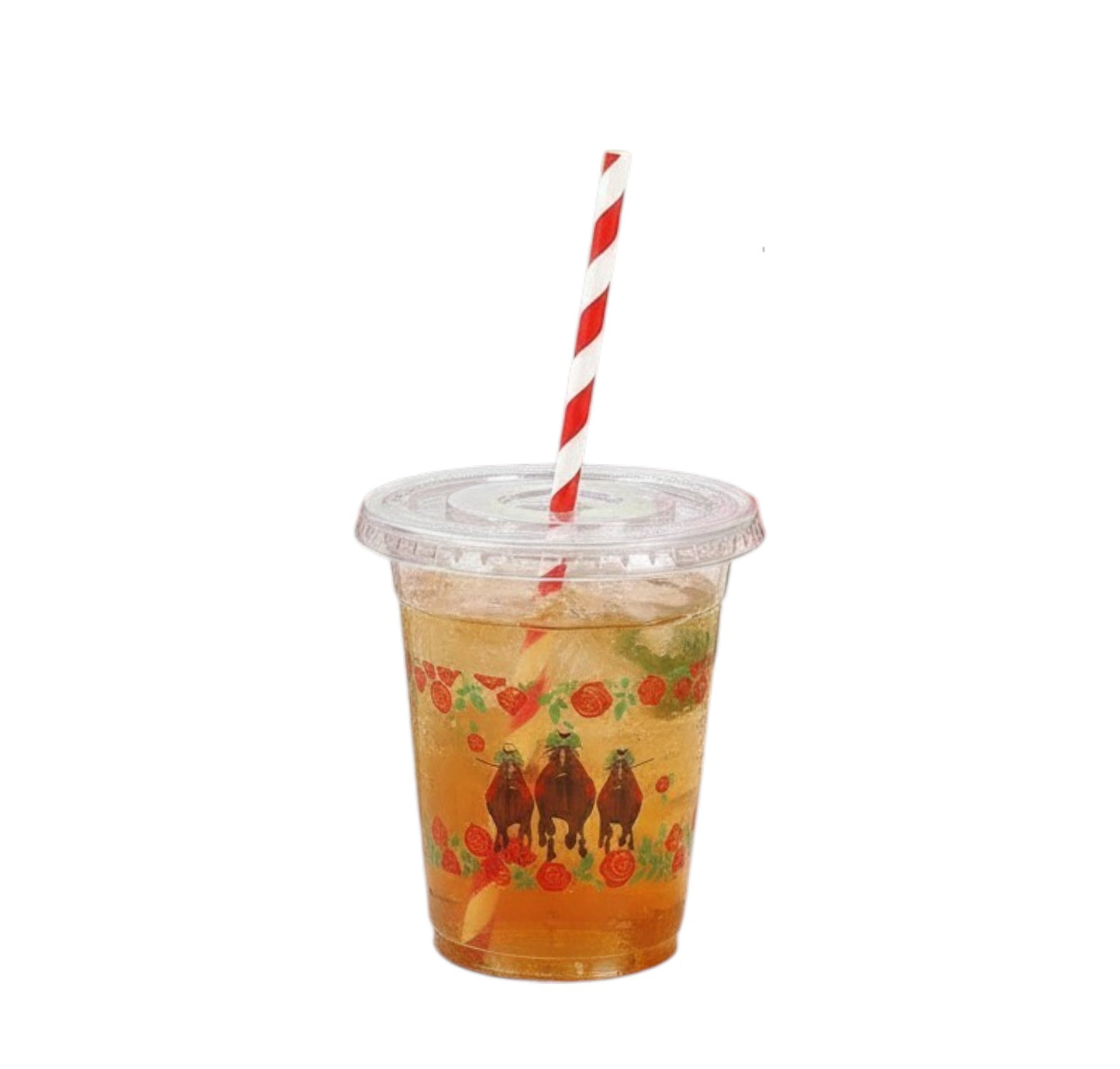 A clear 12oz plastic cup featuring a horse racing and red rose design, complete with a clear flat lid and a red-and-white striped paper straw.